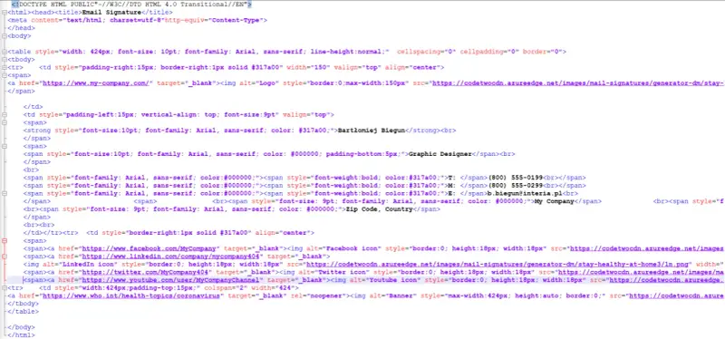Kod HTML stopki email z danymi kontaktowymi i linkami do mediów społecznościowych.