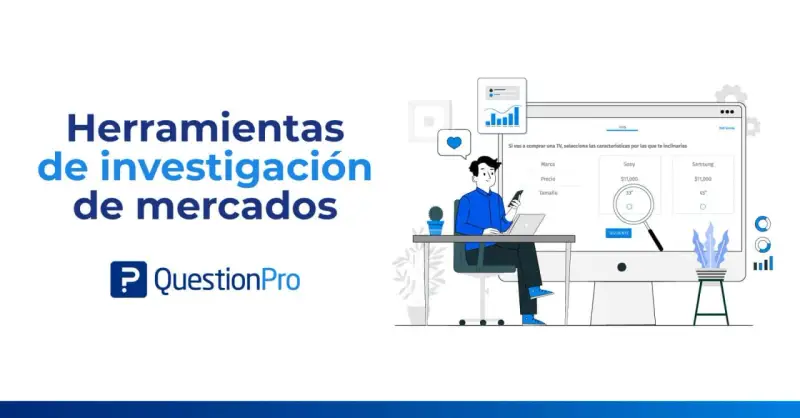 Ilustración de herramientas para investigar el mercado, con un hombre interactuando con una pantalla de computadora que muestra opciones de compra de televisores.