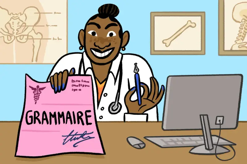 Une doctoresse souriante tient une ordonnance rose "GRAMMAIRE". Peut-être qu'elle prescrit des leçons de français pour améliorer la santé des mots.