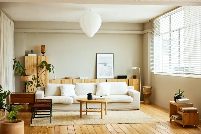 Salones nórdicos con sofá blanco, mesa de centro de madera y estanterías de pino. Luz natural entra por la ventana.