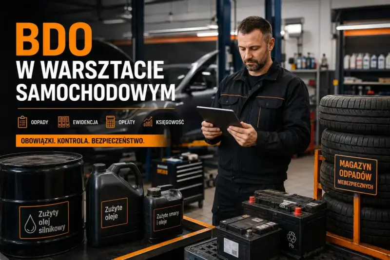 Mechanik w warsztacie samochodowym korzysta z tabletu, zarządzając odpadami i ewidencją. Obok stoją beczki z zużytymi olejami i akumulatory.