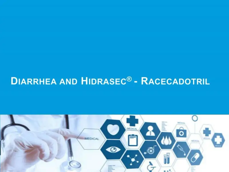 Lekarz w rękawiczce wskazuje na ikonki medyczne, obok napis "DIARRHEA AND HIDRASEC® - RACECADOTRIL".
