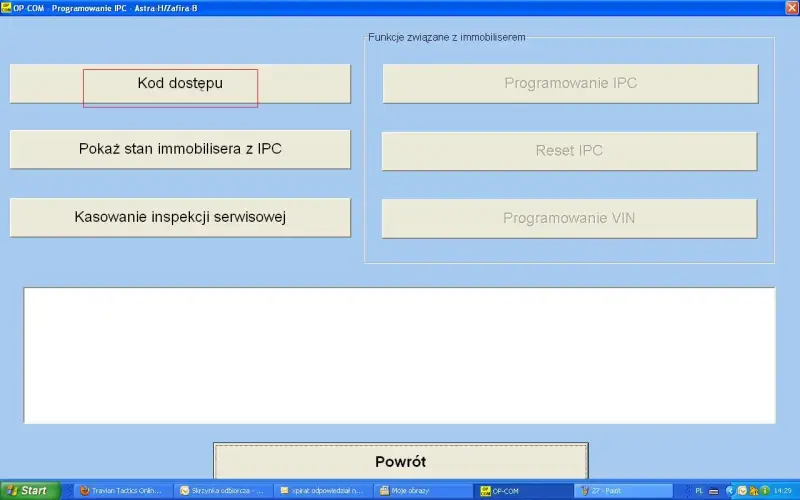 Program OP-COM do Opla, opcje: kod dostępu, kasowanie błędów kluczykiem, programowanie IPC, reset IPC, programowanie VIN.