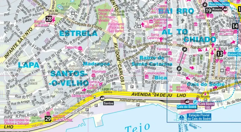 Lizbona powierzchnia: mapa z zaznaczonymi ulicami, budynkami i punktami orientacyjnymi, w tym stacją Cais do Sodré.