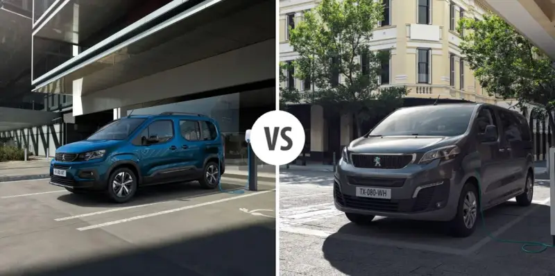 Dwa vany Peugeot: niebieski Rifter i szary Traveller, porównanie modeli.