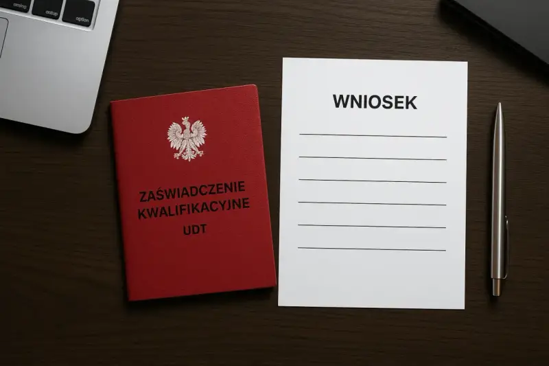 Czerwona książeczka z orłem i napisem "Zaświadczenie Kwalifikacyjne UDT" obok formularza "Wniosek" i długopisu. Przygotowanie do złożenia wniosku o przedłużenie uprawnień UDT online.