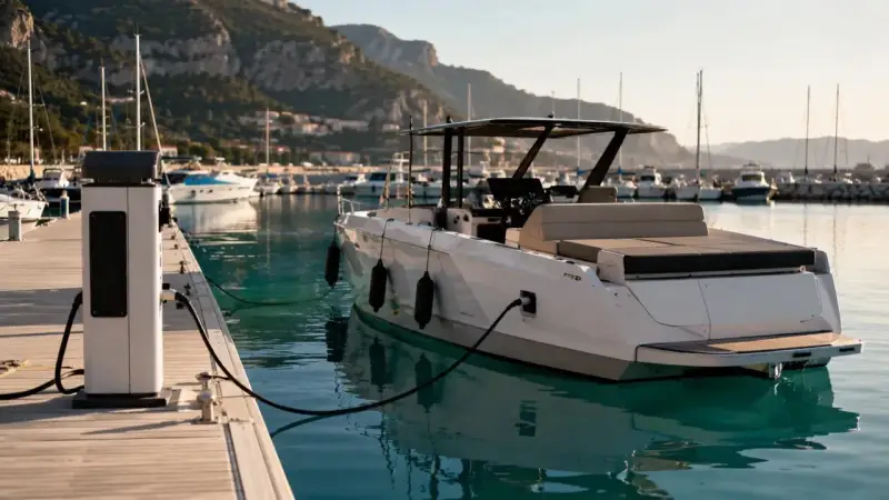 Un catamaran électrique blanc est amarré à quai, branché à une borne de recharge. Le port est bordé de collines verdoyantes.