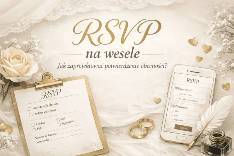 Czy warto inwestować w stronę internetową wesela RSVP i mapki online? Elegancka grafika z różą, obrączkami i formularzem RSVP na telefonie i kartce.