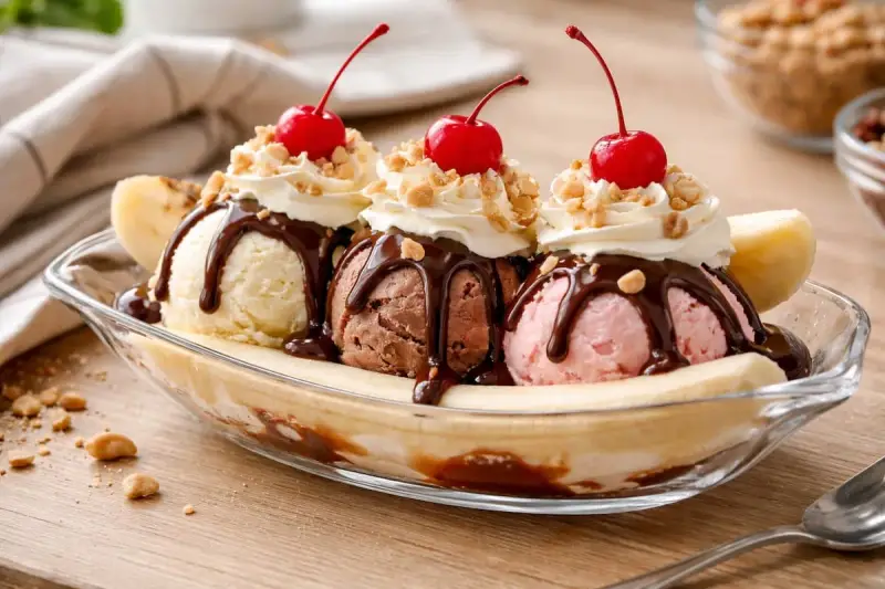 Délicieuse recette banana split : trois boules de glace (vanille, chocolat, fraise) sur une banane coupée, nappées de chocolat, chantilly et cerises.