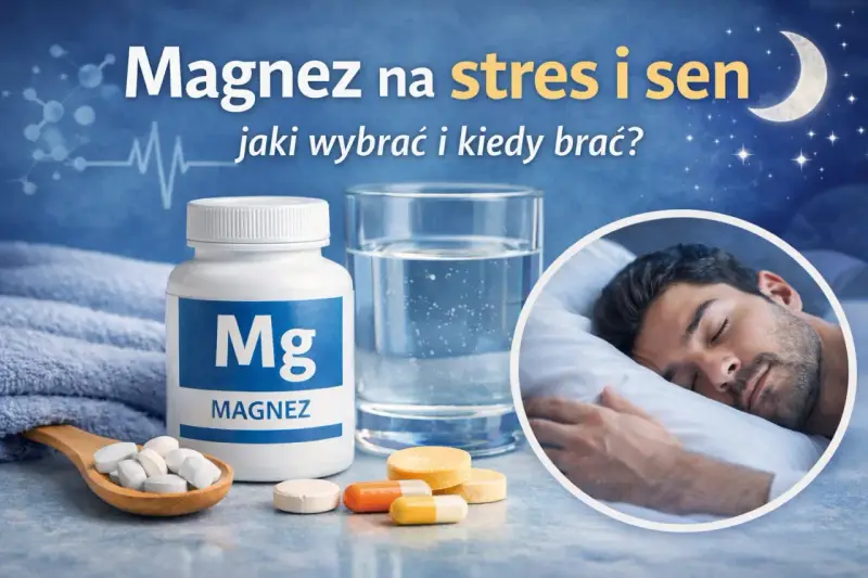 Magnez z witaminą B6 na stres i sen. Butelka magnezu, szklanka wody i śpiący mężczyzna.