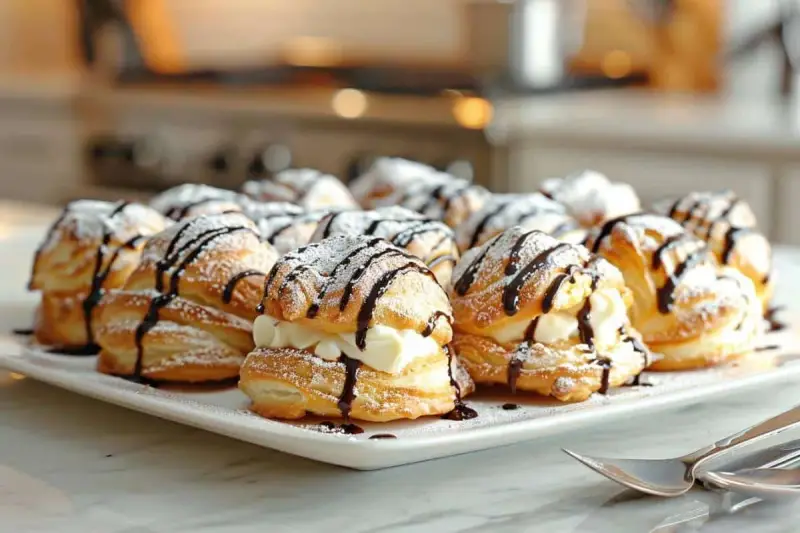Plate of profiteroles vraie recette, dusted with powdered sugar and drizzled with chocolate sauce. A delicious dessert!