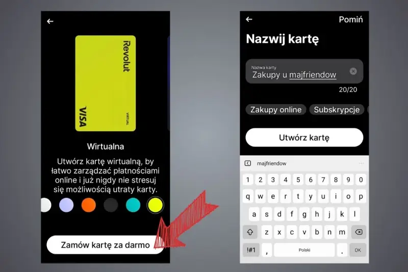 Jak aktywować kartę Revolut: wybierz kolor, nazwij kartę "Zakupy u majfriendow" i utwórz ją.