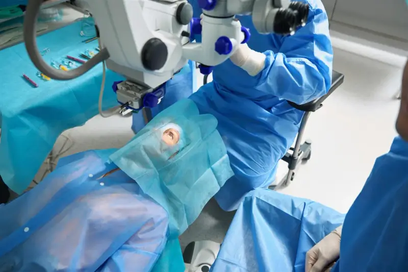 In sala operatoria, un occhio è pronto per l'intervento di cataratta. La durata dell'intervento è breve, circa 15-30 minuti per occhio.