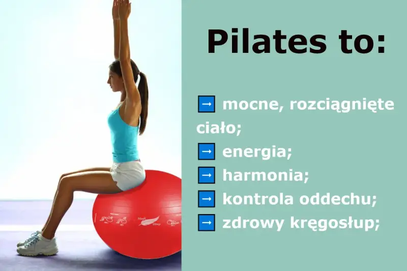 Kobieta ćwiczy pilates na czerwonej piłce. Pilates to: mocne, rozciągnięte ciało, energia, harmonia, kontrola oddechu, zdrowy kręgosłup.