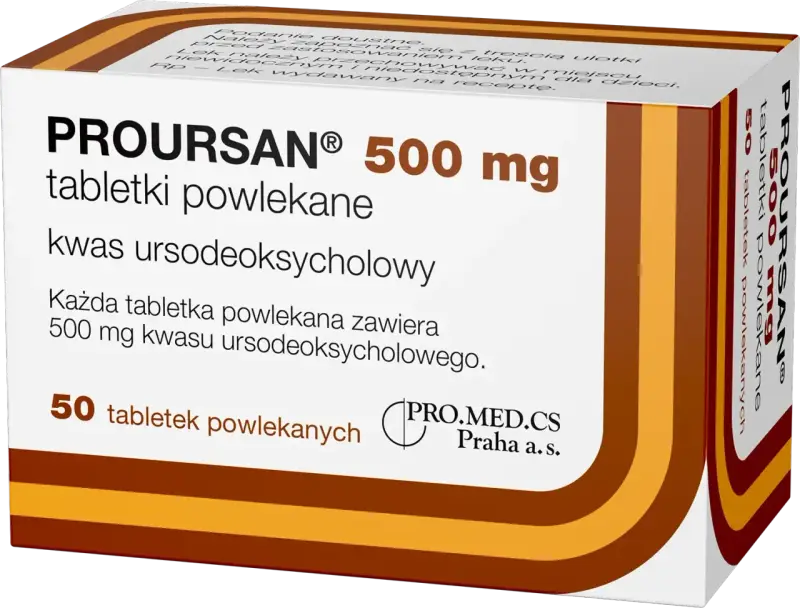 Poursan 500 mg, 50 tabletek powlekanych. Kwas ursodeoksycholowy. Działa na wątrobę jak kret, pomagając jej w regeneracji.
