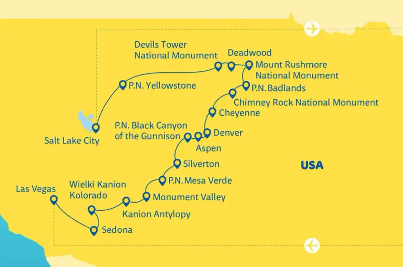 Mapa USA z trasą przez parki narodowe: Yellowstone, Badlands, Mount Rushmore, Wielki Kanion Kolorado, Mesa Verde i inne.
