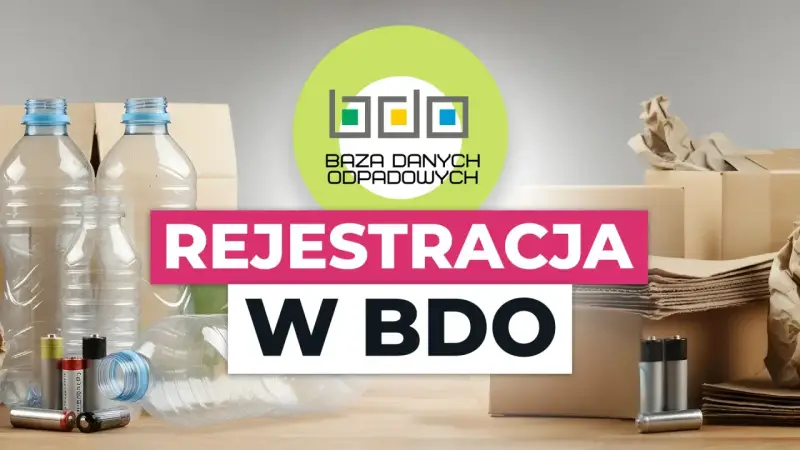 Chcesz wiedzieć, jak sprawdzić numer BDO po NIP? Grafika przedstawia logo BDO i tekst "Rejestracja w BDO" na tle butelek, baterii i kartonów.