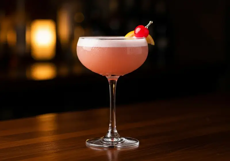 En rosa drink, en Pink Lady, med skum och garnering av körsbär och citronklyfta, står på en träyta.