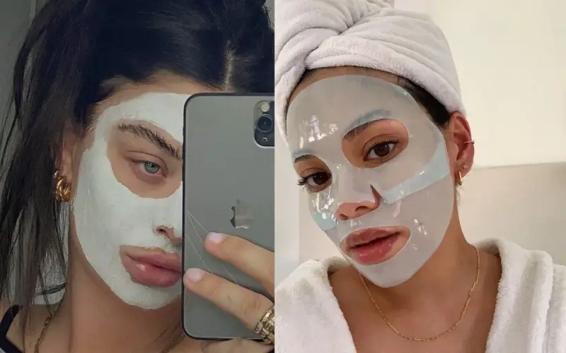 Due immagini affiancate: una donna con maschera viso bianca e un telefono, l'altra con maschera in tessuto e asciugamano in testa. Attenzione, le maschere viso scadono!