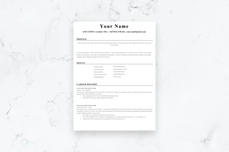 Proste CV wzór z sekcjami: Profil, Umiejętności i Historia zatrudnienia. Idealne do zaprezentowania Twoich kwalifikacji.