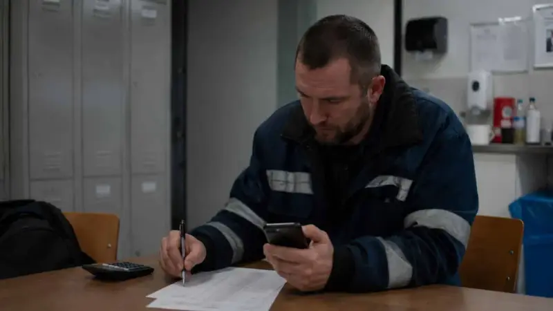 Pracownik w roboczym ubraniu sprawdza telefon, notując coś na papierze. Może to być jego dodatek nocny 2025.