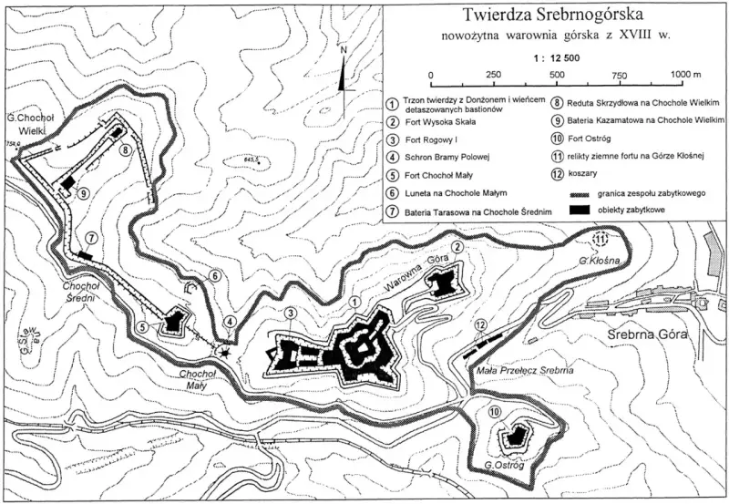 Mapa twierdzy Srebrna Góra z zaznaczonymi fortyfikacjami, punktami widokowymi i legendą.