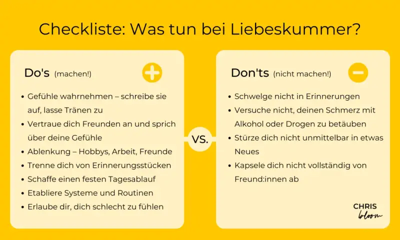 Checkliste: Was tun bei Liebeskummer? Zeigt "Do's" und "Don'ts" für den Umgang mit Herzschmerz.