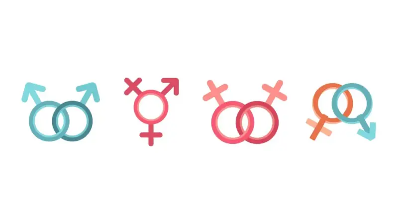 Symbole für verschiedene Geschlechter: zwei Männer, Transgender, zwei Frauen, Mann und Frau. Die Frage, wie viele Geschlechter es gibt, wird hier visuell angedeutet.