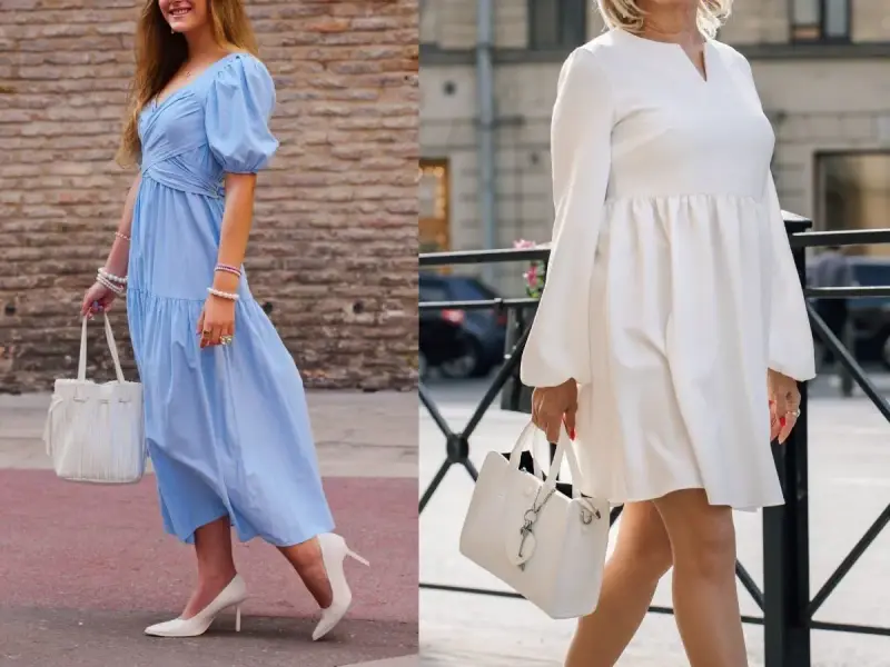 Eleganckie stylizacje na chrzciny: błękitna sukienka z bufkami i biała sukienka z długim rękawem.