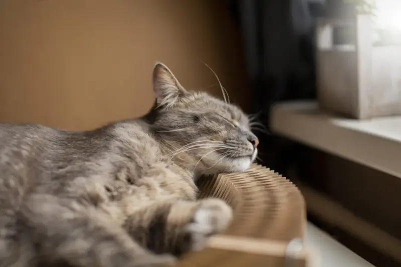 Eine Katze schläft friedlich auf einem Kratzbrett. Die Frage, ob der Vermieter Katzen verbieten darf, beschäftigt viele Tierfreunde.