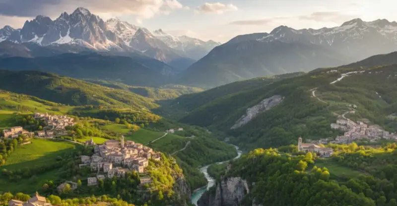 Borghi antichi aggrappati a colline verdi, un fiume azzurro scorre tra valli profonde, con il maestoso monte in Abruzzo che domina l'orizzonte innevato.
