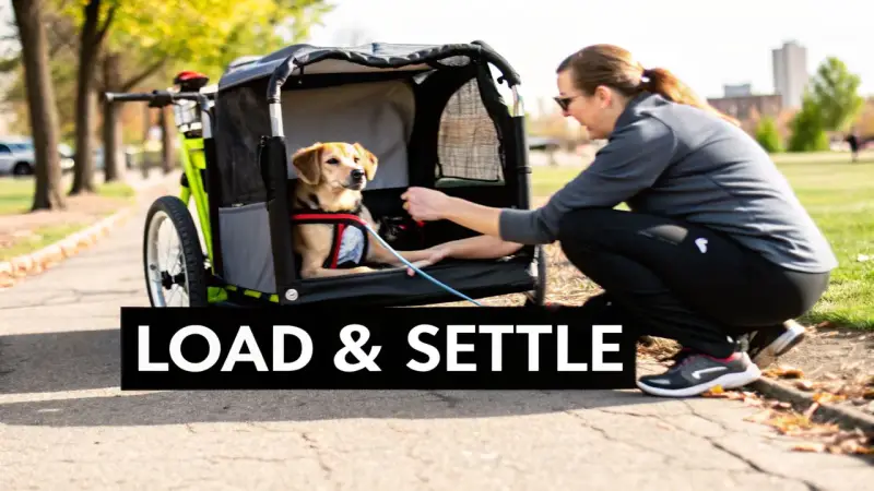 En kvinna förbereder sin hund för att cykla med hund i korg. Hunden sitter tryggt i en cykelvagn.