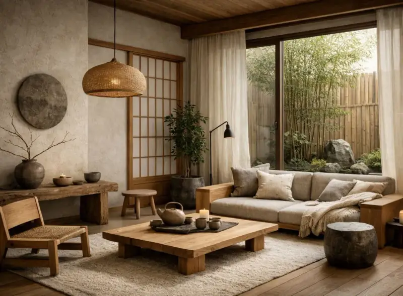 Soggiorno in stile Japandi con divano, tavolino basso in legno, sedia in paglia e vista su un giardino zen.