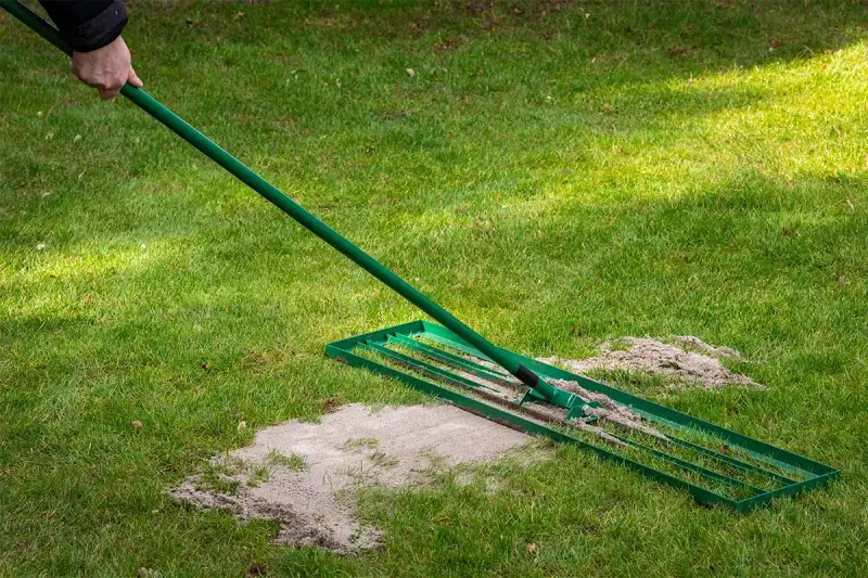 Mit einem Rechen wird Rasensand auf dem grünen Rasen verteilt, um ihn zu verbessern.