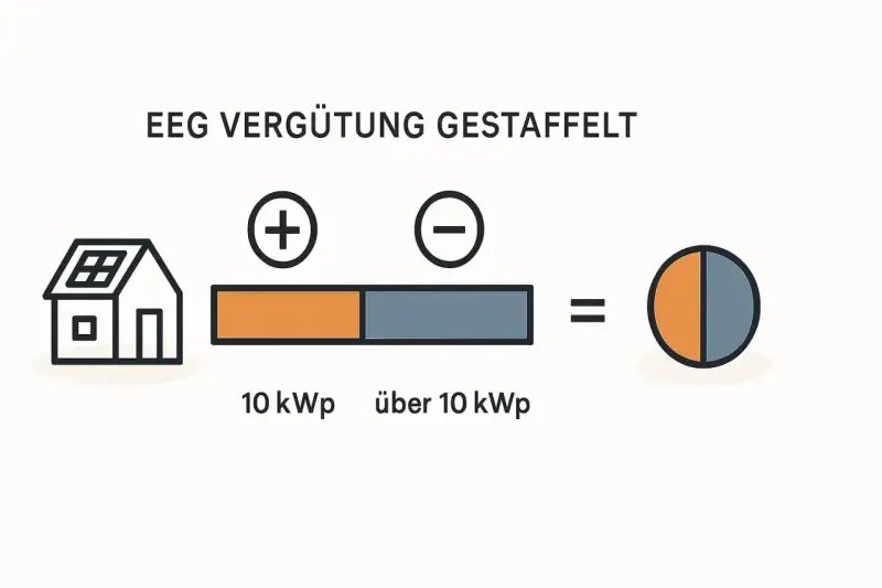 Schema zur gestaffelten EEG-Vergütung in Deutschland: Haus mit Solaranlage, geteilter Balken für 10 kWp und über 10 kWp, ergibt Kreisdiagramm.