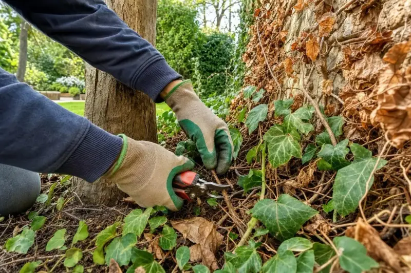 Mains gantées taillant le lierre grimpant au pied d'un arbre et d'un mur couvert de feuilles sèches.