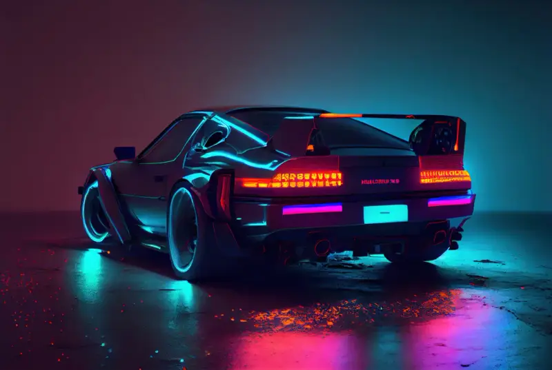 Neonowe, tanie sportowe auta w stylu retrofuturystycznym, odbijające się w mokrej nawierzchni.