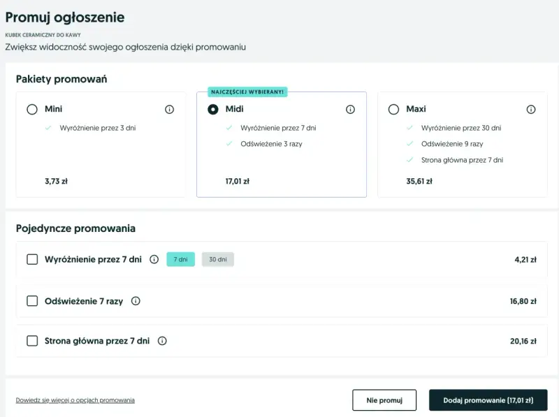 Ile kosztuje wystawienie samochodu na OLX? Sprawdź pakiety promowań: Mini (3,73 zł), Midi (17,01 zł), Maxi (35,61 zł) i pojedyncze opcje.