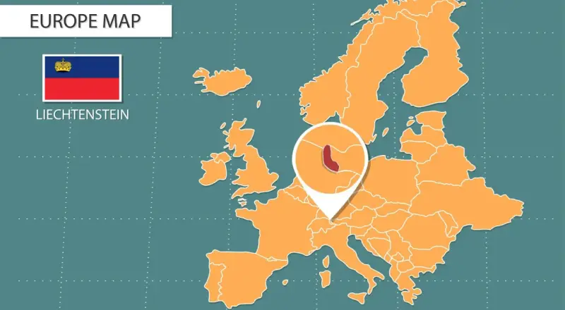 Mapa Europy z zaznaczonym Liechtensteinem. Obok flaga kraju i nazwa. Waluta Liechtensteinu to frank szwajcarski.