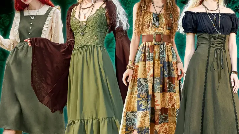 Cztery kobiety w sukniach w stylu **fairycore**: zielone, brązowe i wzorzyste, z koronkami i sznurowaniami.