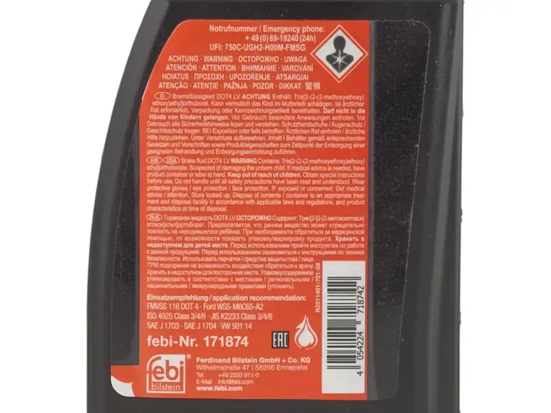 Płyn hamulcowy DOT4 LV. Oznaczenie produktu i jego skład. Informacje o bezpieczeństwie i zastosowaniu.