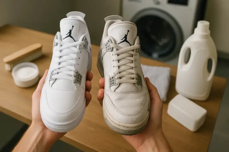 Para prać buty Nike w pralce, porównaj czyste i brudne Jordany. Obok proszek, szczotka i płyn do prania.