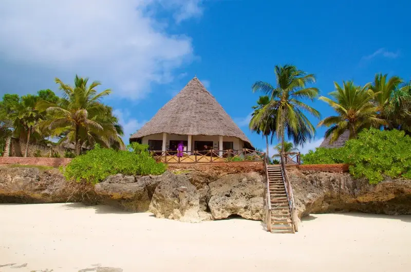 Tropikalny domek z krytym strzechą dachem na skale, obok palm. Marzysz o podróży? Sprawdź, ile się leci na Zanzibar!