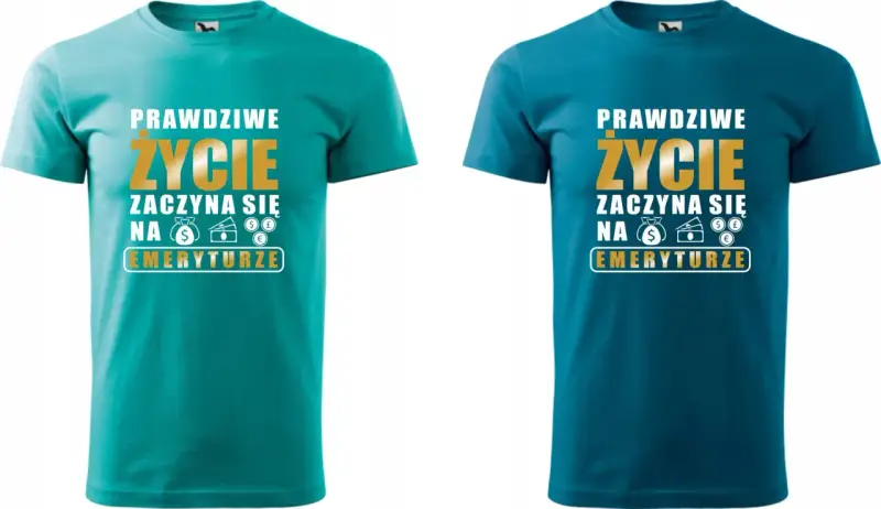 Dwie koszulki z napisem "Prawdziwe życie zaczyna się na emeryturze" i symbolami pieniędzy.