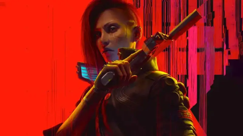 Una mujer con un corte de pelo asimétrico y cicatrices cibernéticas sostiene un arma futurista. Arte promocional de Cyberpunk 2077 Phantom Liberty.