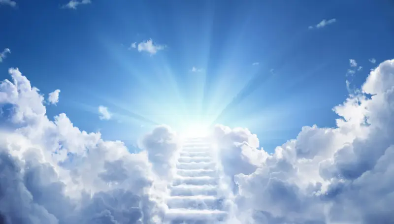 Eine Treppe aus Wolken führt zum strahlenden Licht des Himmels, ein Symbol für jungfrauen im Paradies.