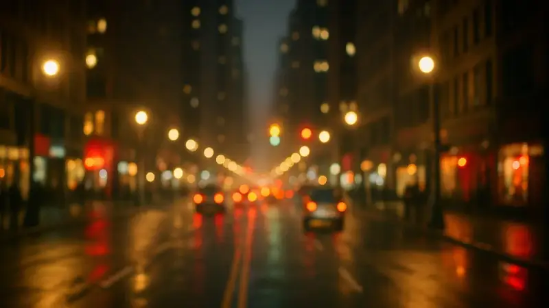 Luci sfocate di una strada cittadina di notte, con riflessi sull'asfalto bagnato, che ricordano l'effetto dell'astigmatismo.