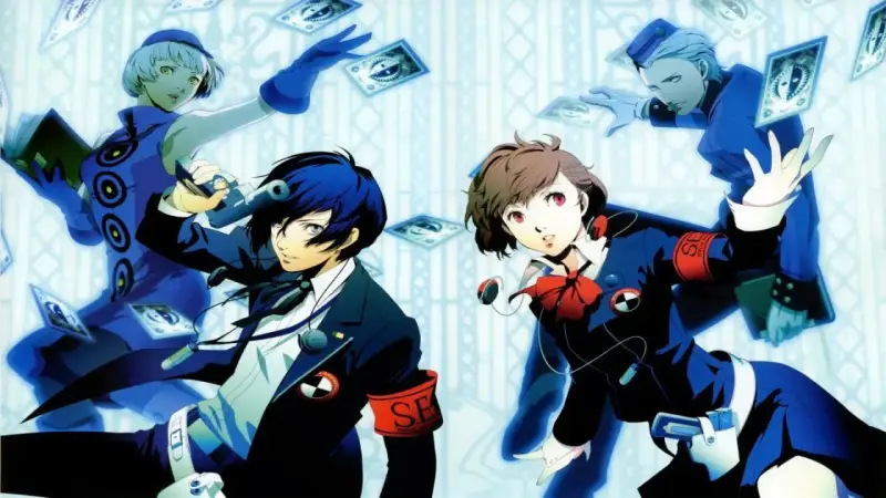 Personajes de Persona 3 Portable, con cartas flotando. ¿Cuáles serán sus respuestas?