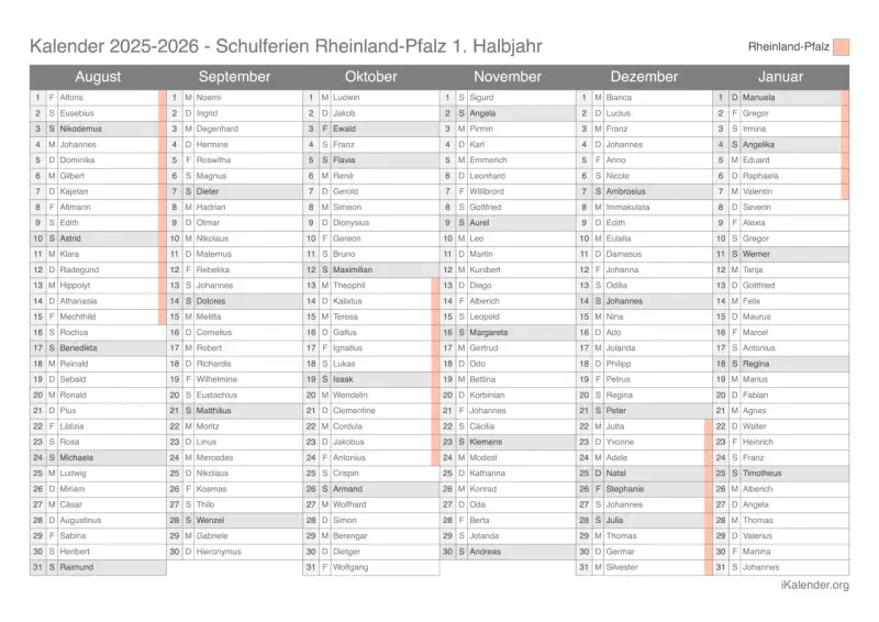 Kalender 2025-2026 mit Namen und Monaten, Rheinland-Pfalz.