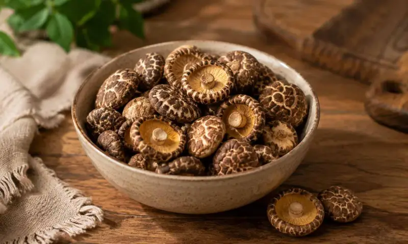 Miseczka pełna suszonych grzybów shiitake, gotowych do dodania smaku potrawom.